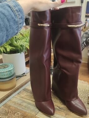 Burgundy Knee-High Pointed Toe Boots with Gold Accent